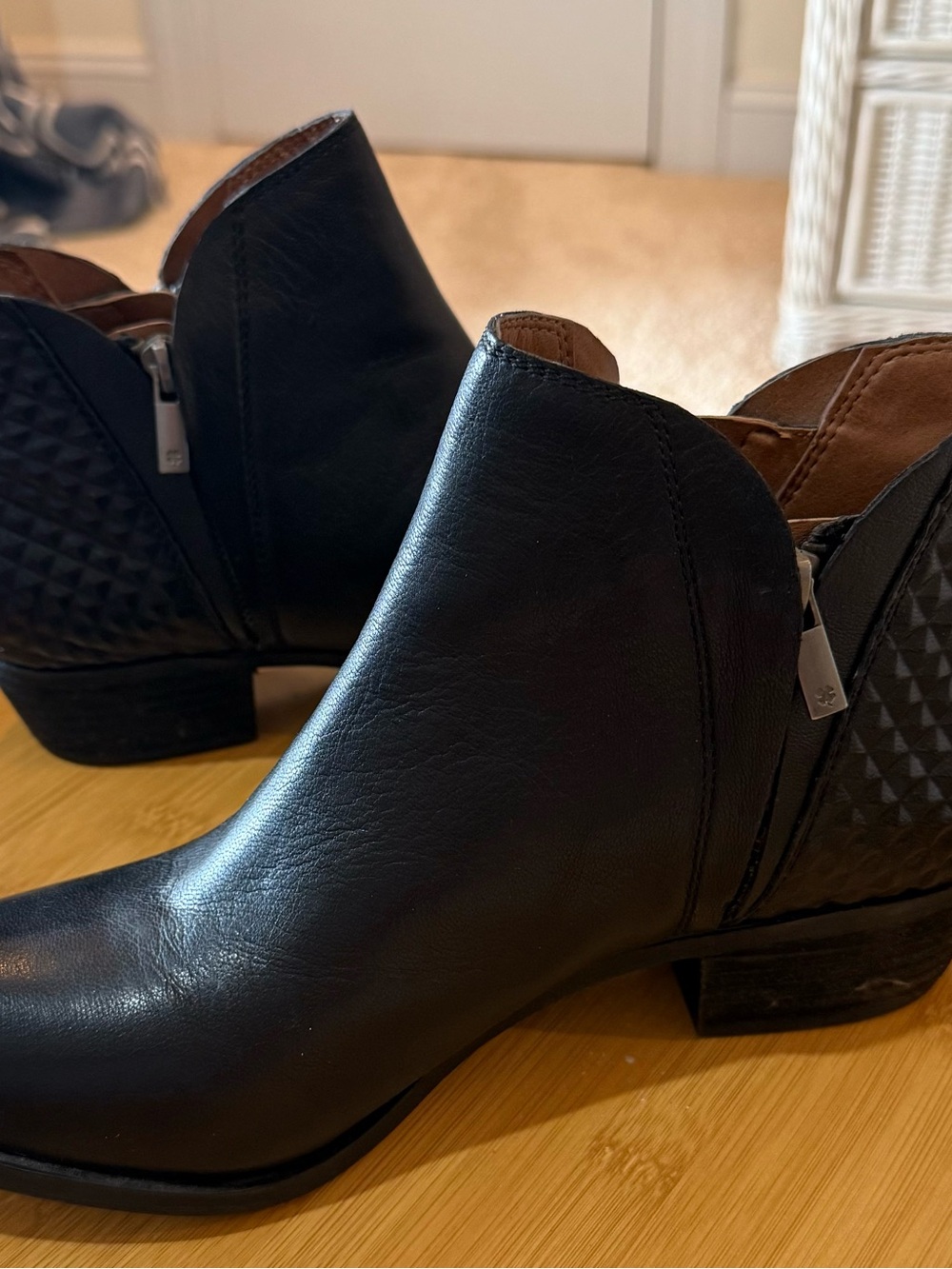 Lucky Brand Black Leather Ankle Booties with Textured Heel